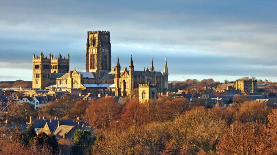 A sunset view of the Cathedral and Castle of Durham City