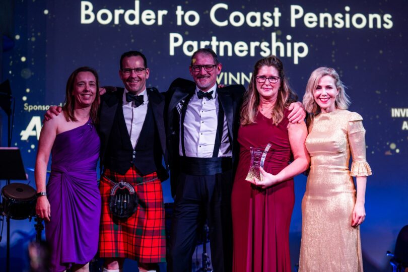 Pictured: Border to Coast’s Chief Stakeholder Officer, Ewan McCulloch (second from left); Strategic Finance Manager at Partner Fund Surrey County Council, Neil Mason (centre); and Border to Coast Deputy CEO Fiona Miller (second from right), with award presenter Sally Phillips (far right).