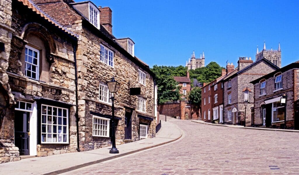 A view of Steep Hill in Lincoln from the bottom facing uphill.